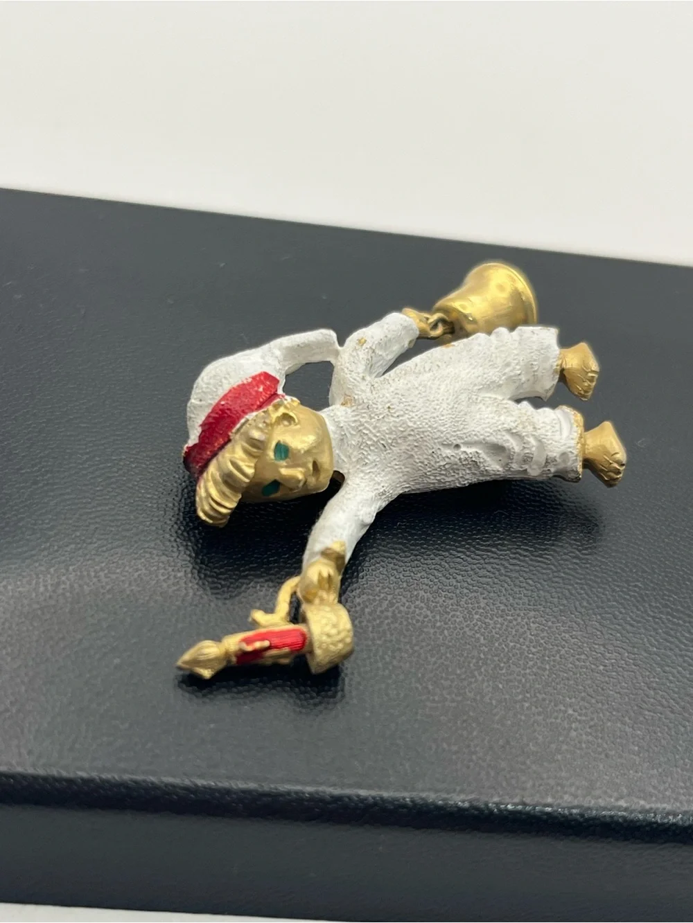 Christmas figural child carrying candle & bell enamel gold tone brooch pin